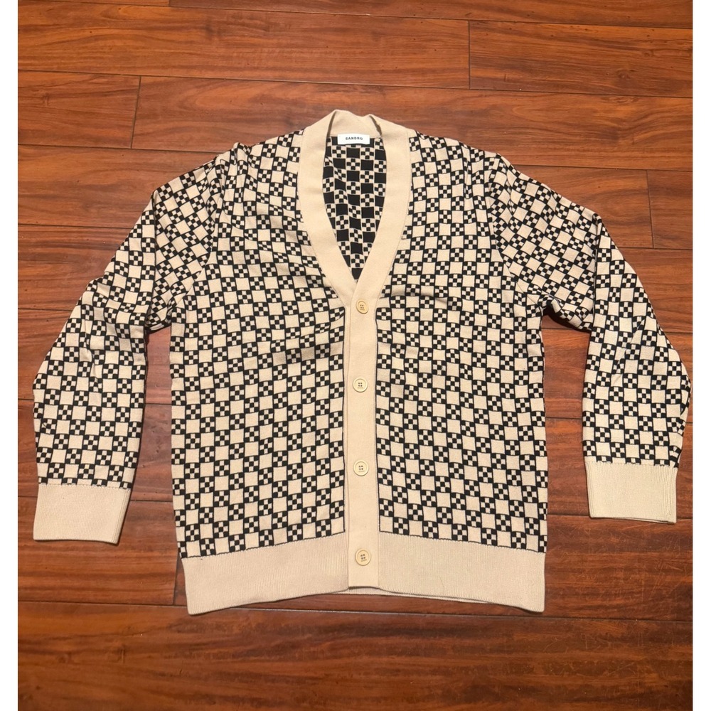 Sandro Paris Mens Geometric Checkered Cotton Cardigan Sweater Cream Black Sz M.